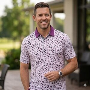 AndersonOrd Performance Polo Shirt Mens Large Purple White Polka‎ Dot Golf Top